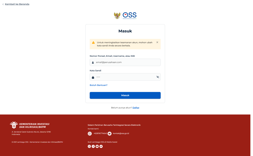 Tangkapan layar halaman masuk OSS